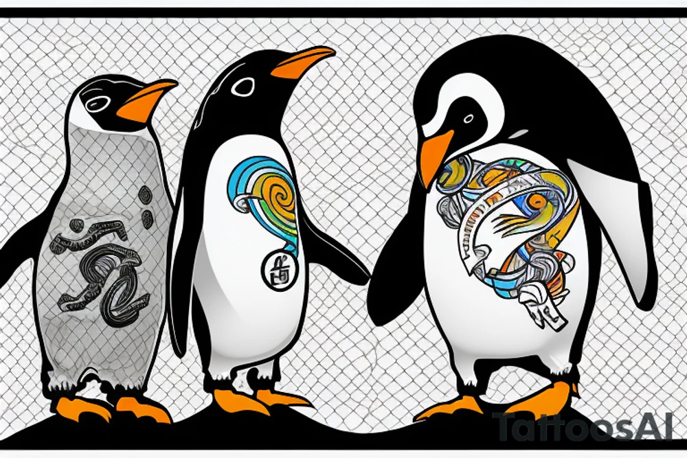 Two Penguins face each other in a kickboxing match on a rocky shorel8ne with an island in the backround tattoo idea