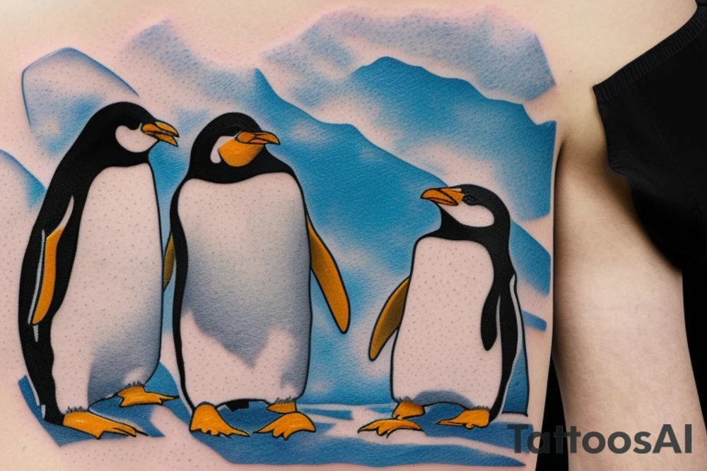 Two Penguins face each other in a kickboxing match on a rocky shorel8ne with an island in the backround tattoo idea