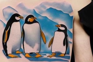 Two Penguins face each other in a kickboxing match on a rocky shorel8ne with an island in the backround tattoo idea