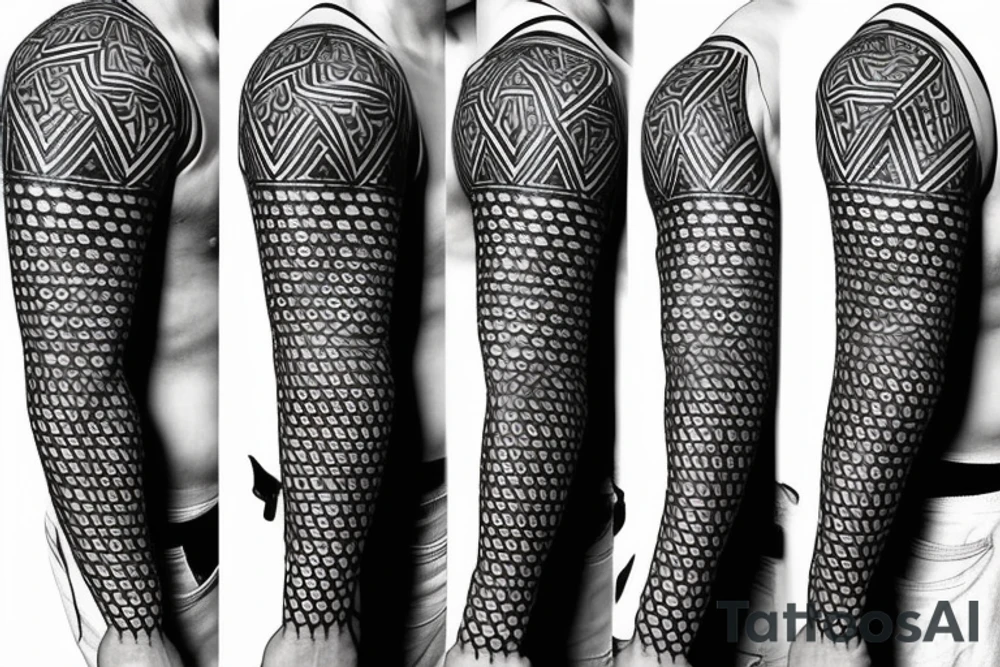 One arm sleve to chest with fire and geometric design tattoo idea One arm sleve to chest with fire and geometric design tattoo idea