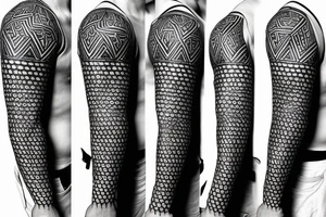 One arm sleve to chest with fire and geometric design tattoo idea