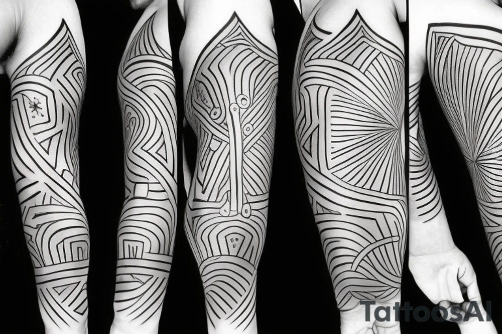 One arm sleve to chest with fire and geometric design tattoo idea One arm sleve to chest with fire and geometric design tattoo idea
