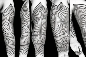 One arm sleve to chest with fire and geometric design tattoo idea