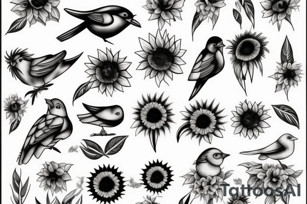 Bird with sunflowers tattoo idea