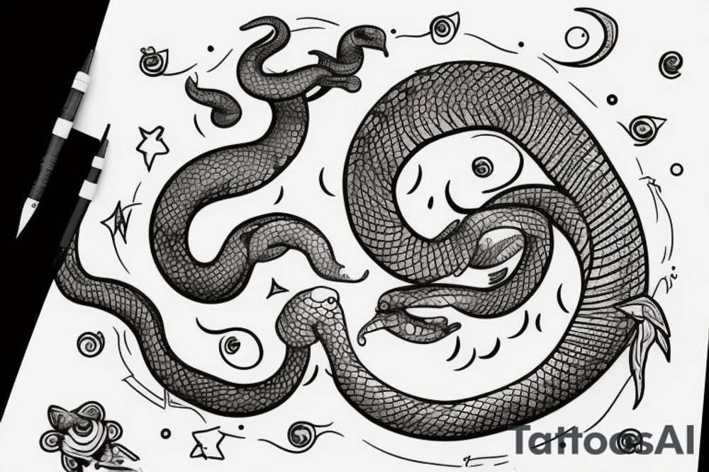 the small snake wraps its tail around the moon tattoo idea