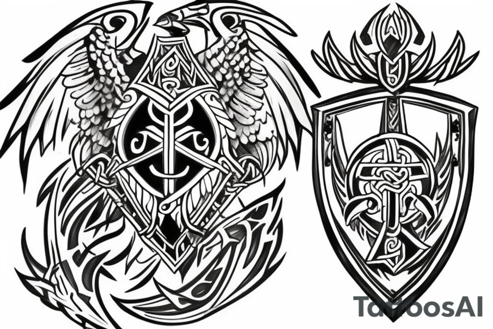 Family crest with Viking shield and Bjugan as the name and phoenix tattoo idea