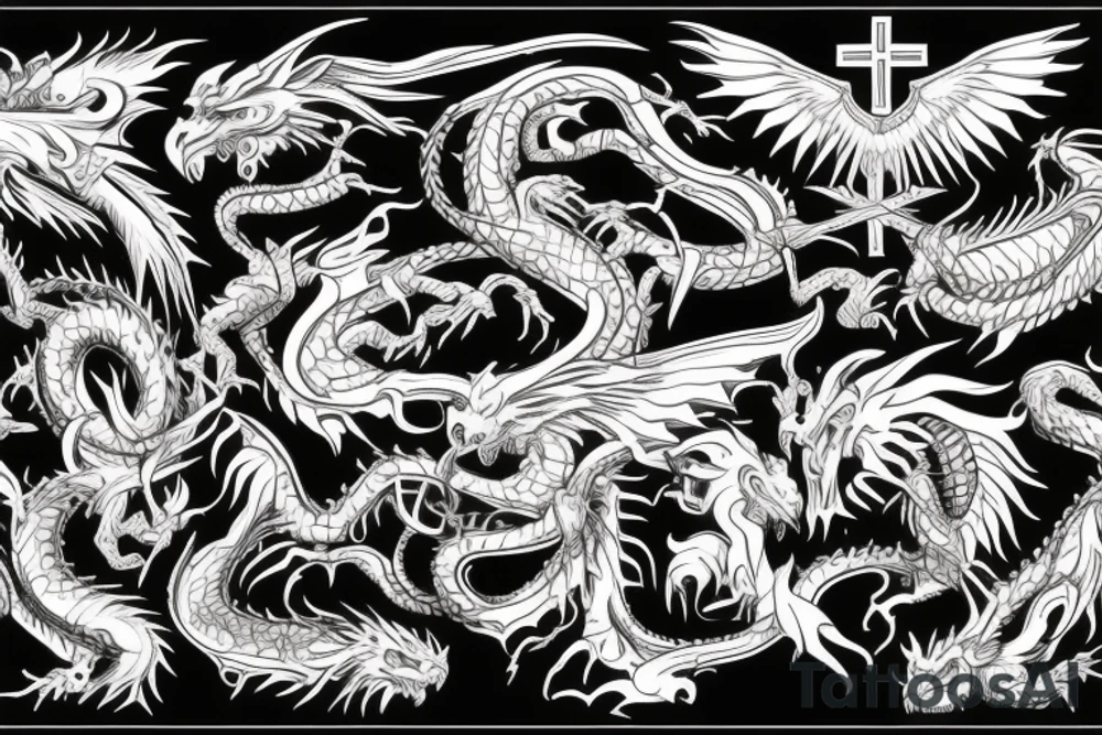 cross, flesh, dragon, fight, eagle tattoo idea