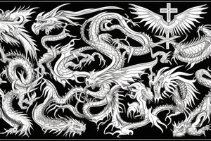 cross, flesh, dragon, fight, eagle tattoo idea