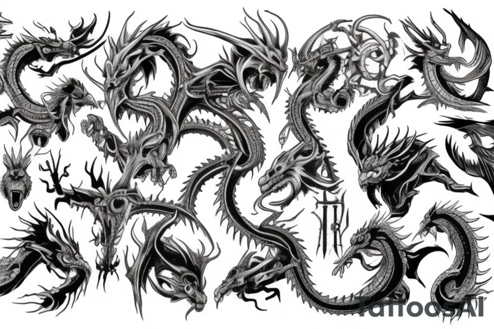 cross, flesh, dragon, fight, eagle tattoo idea