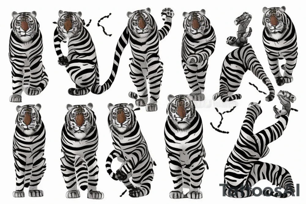 Striped tiger strecthing down the famous stairs of a building in home, with his front paw landing on the statue of david tattoo idea