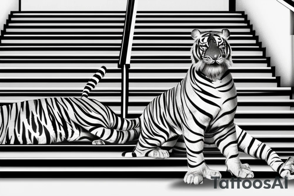 Striped tiger strecthing down the famous stairs of a building in home, with his front paw landing on the statue of david tattoo idea