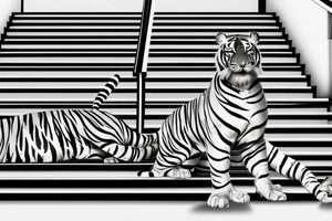 Striped tiger strecthing down the famous stairs of a building in home, with his front paw landing on the statue of david tattoo idea