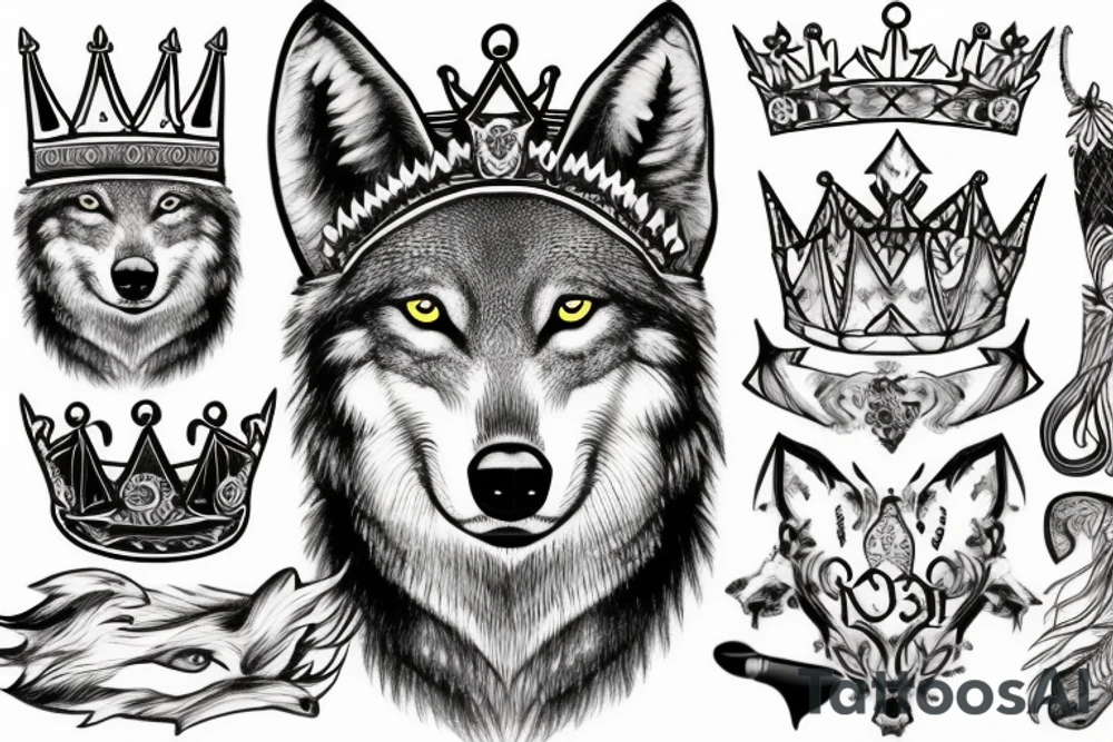 Scarred wolf wearing a king's crown tattoo idea