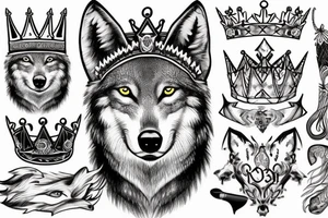 Scarred wolf wearing a king's crown tattoo idea