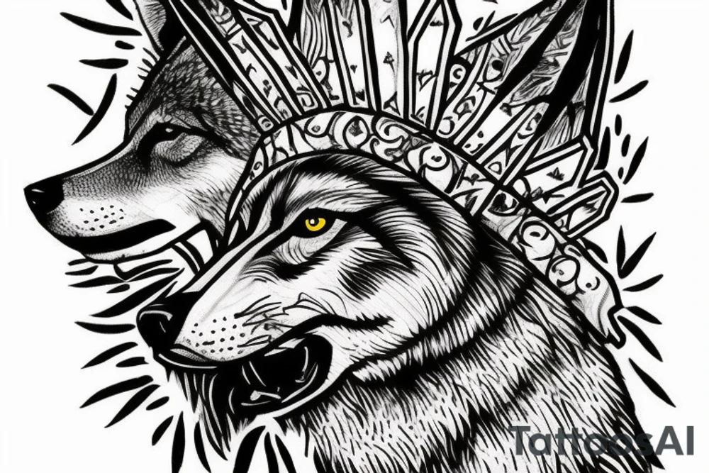 Scarred wolf wearing a king's crown tattoo idea