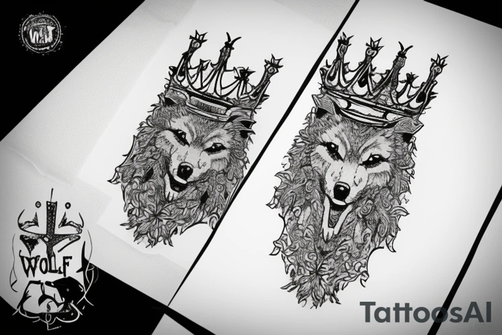 angry wolf wearing a king's crown tattoo idea