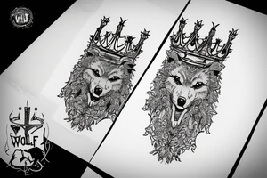 angry wolf wearing a king's crown tattoo idea