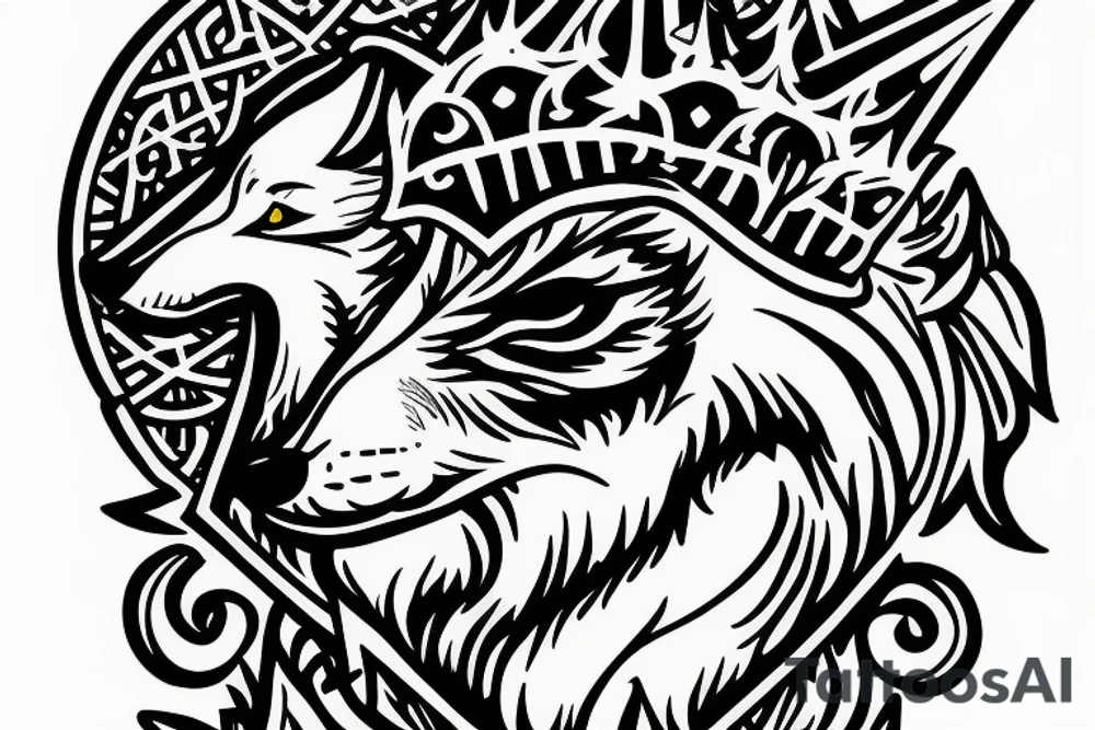 angry wolf wearing a king's crown tattoo idea