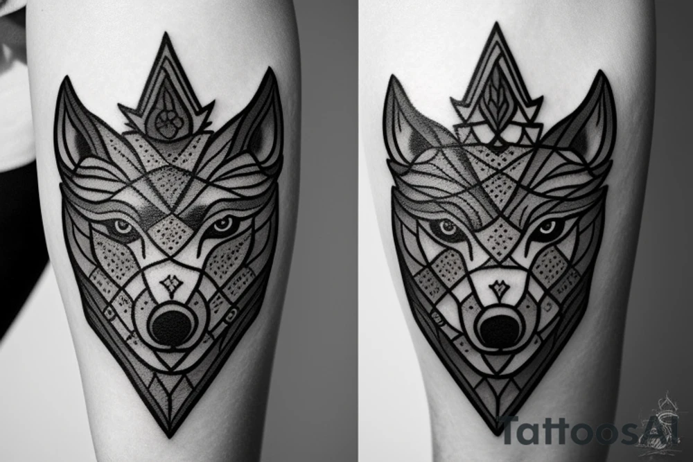 scary wolf wearing a king's crown tattoo idea