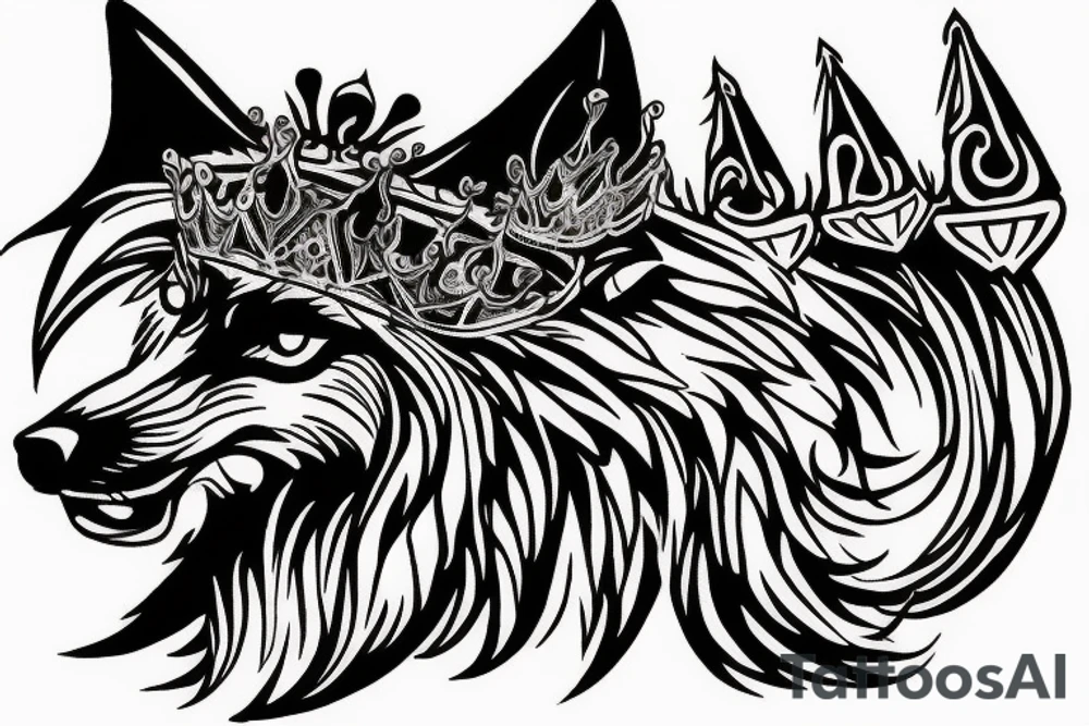scary wolf wearing a king's crown tattoo idea