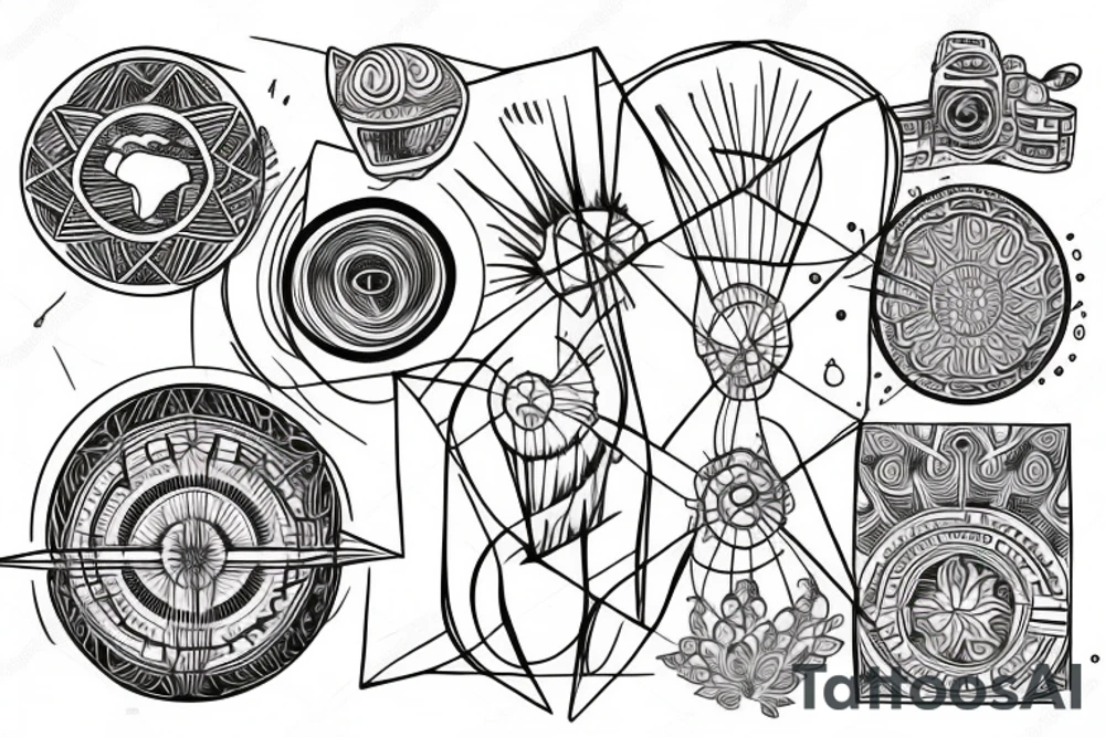 World travel with multiple abstract asymmetrical fine lines defining the circle of the earth tattoo idea