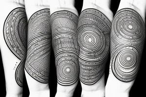 World travel with multiple abstract asymmetrical fine lines defining the circle of the earth tattoo idea