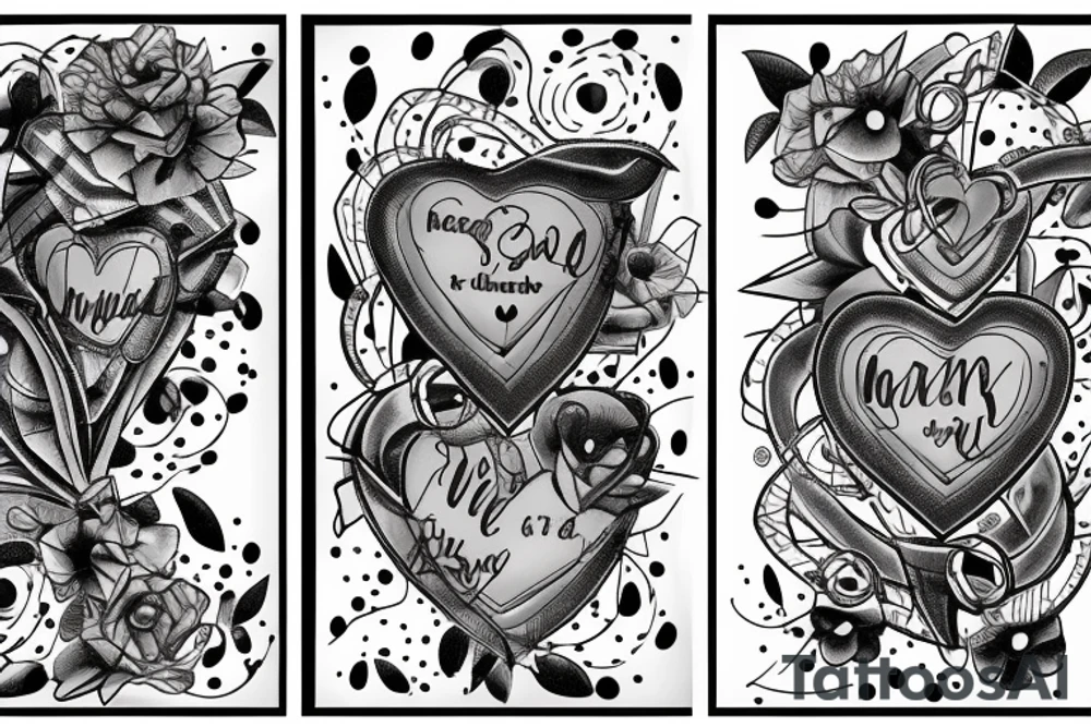 chains coming up both arms joining to a heart bursting out of darkeness with names monice doris cyril kari tattoo idea