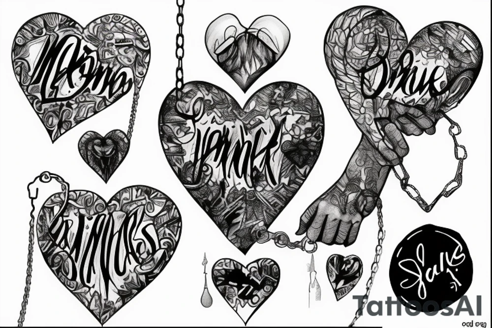 chains coming up both arms joining to a heart bursting out of darkeness with names monice doris cyril kari tattoo idea