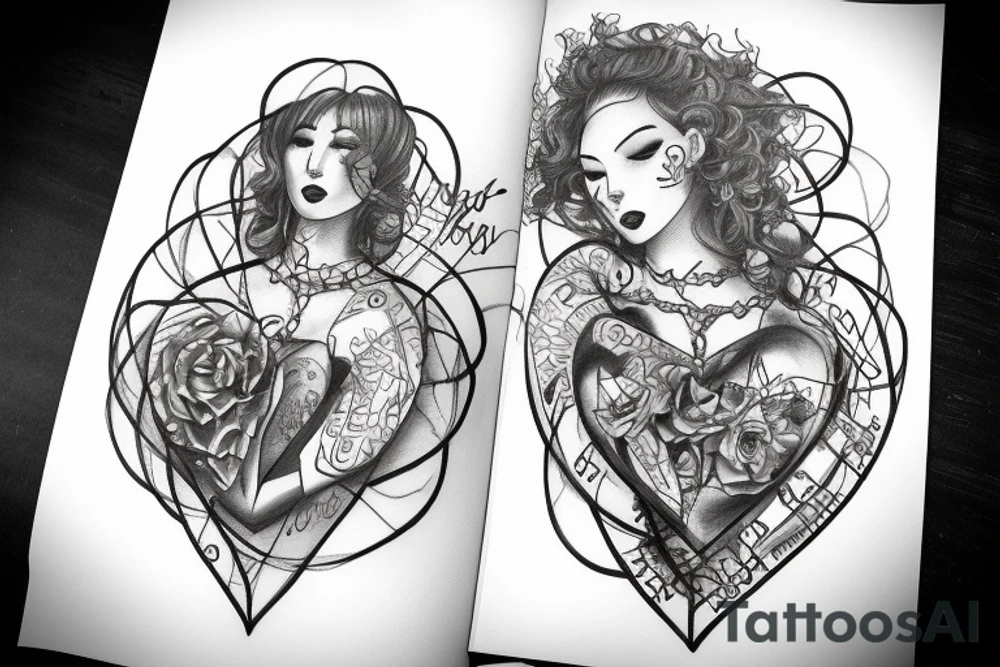 chains going up both arms
 joining to a heart bursting out of darkeness with names monice doris cyril kari tattoo idea