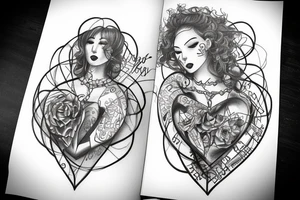 chains going up both arms
 joining to a heart bursting out of darkeness with names monice doris cyril kari tattoo idea