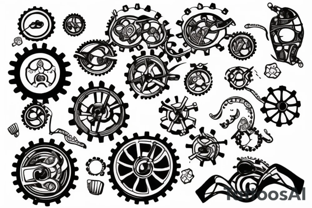 Matching tattoo with including gears machine and cakes and buns, small tattoo idea