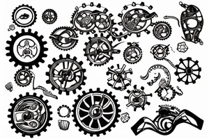 Matching tattoo with including gears machine and cakes and buns, small tattoo idea