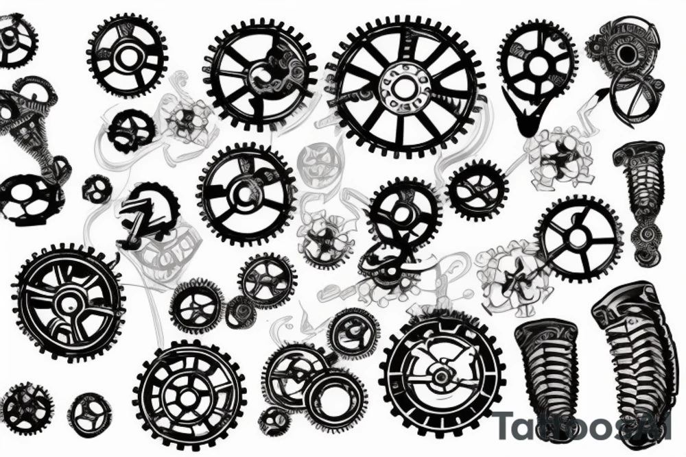 Matching tattoo with including gears machine and cakes and buns, small tattoo idea