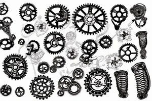 Matching tattoo with including gears machine and cakes and buns, small tattoo idea