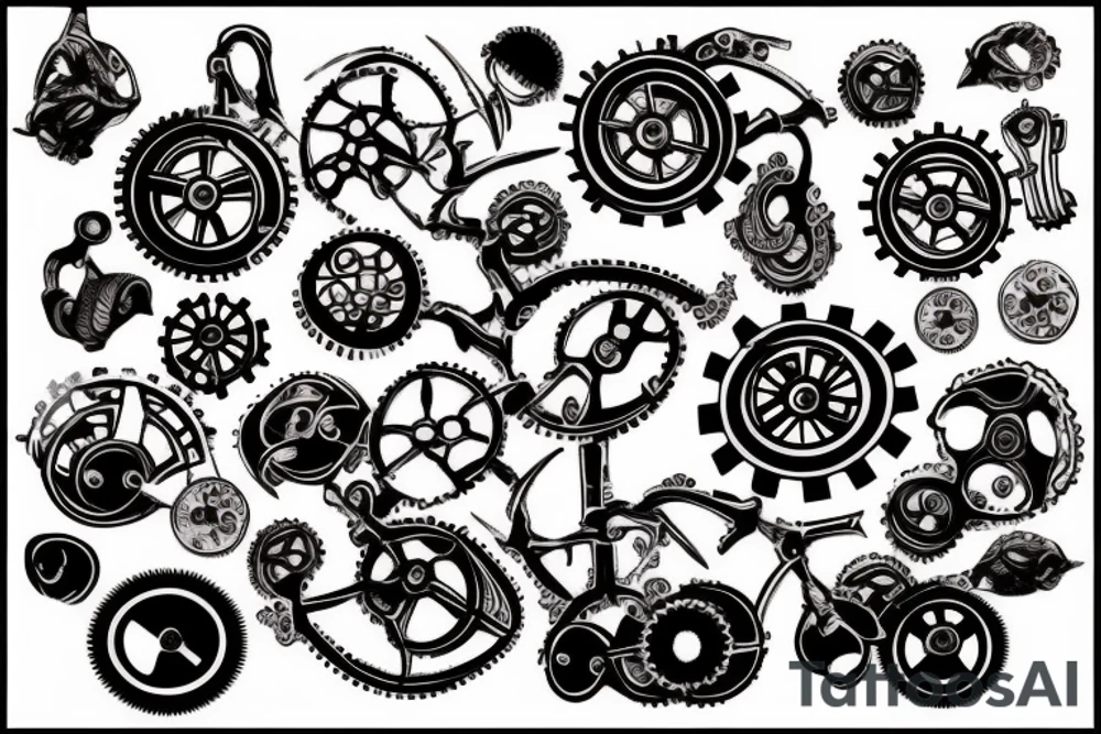 Matching tattoo with including gears machine and cakes and buns, small tattoo idea