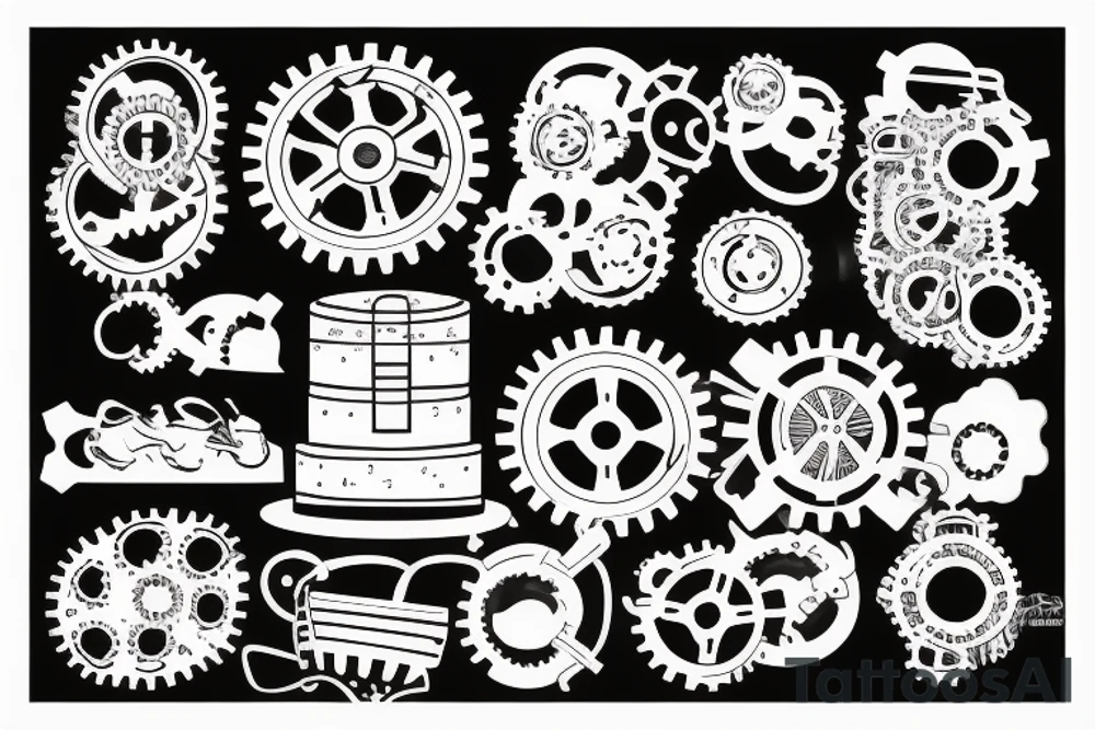Matching tattoo with including gears machine and cakes and buns, small tattoo idea