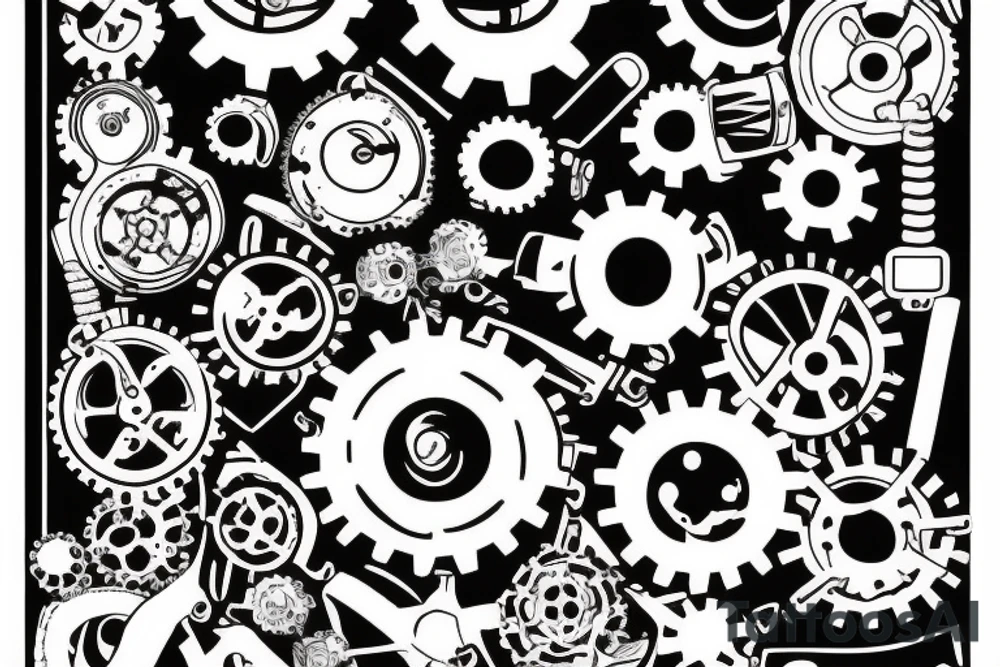 Matching tattoo with including gears machine and cakes and buns, small tattoo idea