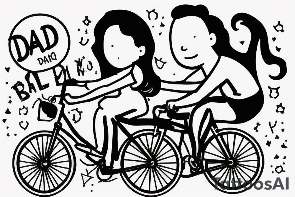A dad and his younger daughter riding a bike together. The daughter is riding on the back of the bike and holding on to her dad. The daughter has a pony tail. tattoo idea