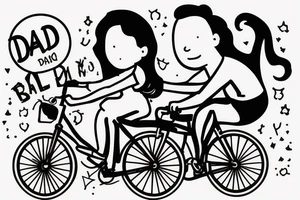 A dad and his younger daughter riding a bike together. The daughter is riding on the back of the bike and holding on to her dad. The daughter has a pony tail. tattoo idea