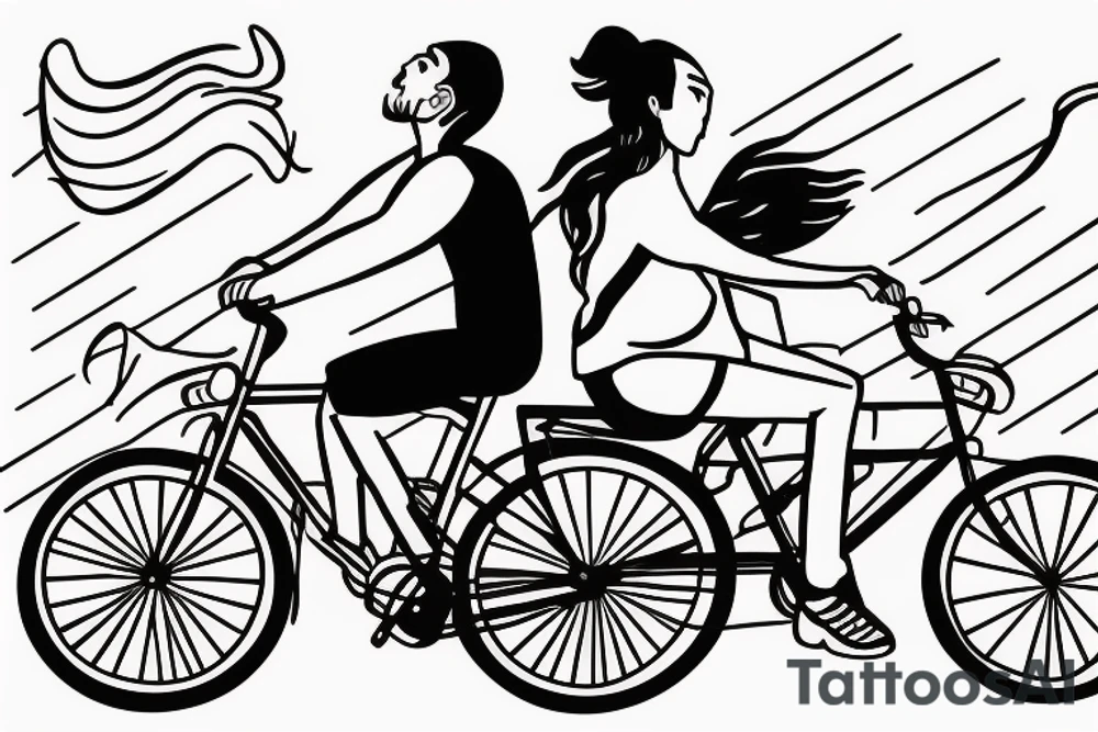 A dad and his younger daughter riding a bike together. The daughter is riding on the back of the bike and holding on to her dad. The daughter has a pony tail. tattoo idea