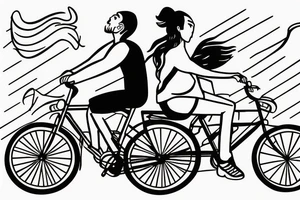 A dad and his younger daughter riding a bike together. The daughter is riding on the back of the bike and holding on to her dad. The daughter has a pony tail. tattoo idea