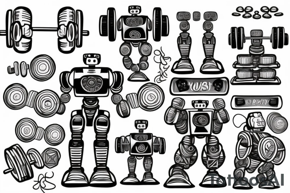 a robot with dumbbell or barbell tattoo idea
