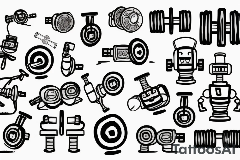 a robot with dumbbell or barbell tattoo idea