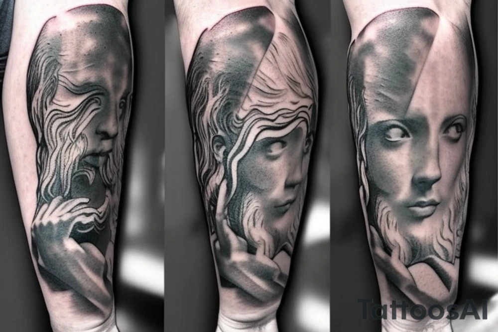 Apollo and Zeus forearm tatto, mythical, realistic, sculpture, epic tattoo idea
