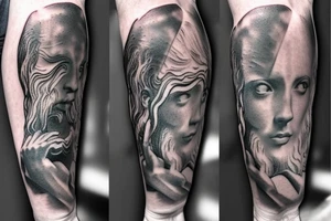 Apollo and Zeus forearm tatto, mythical, realistic, sculpture, epic tattoo idea
