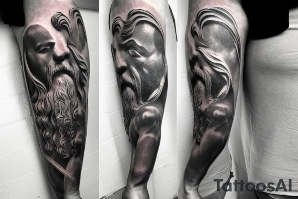 Apollo and Zeus forearm tatto, mythical, realistic, sculpture, epic tattoo idea