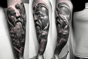 Apollo and Zeus forearm tatto, mythical, realistic, sculpture, epic tattoo idea