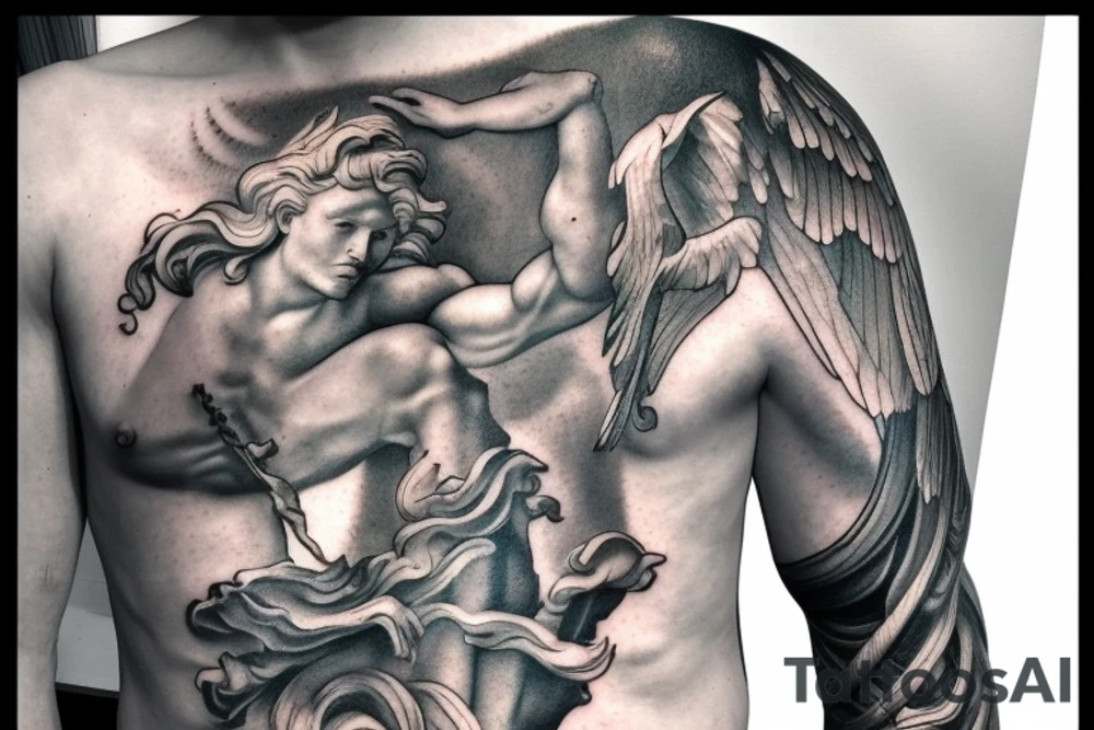 Apollo upper half, Zeus lower half, mythical, realistic, sculpture, epic tattoo idea