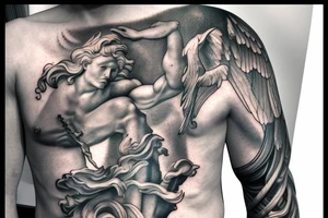 Apollo upper half, Zeus lower half, mythical, realistic, sculpture, epic tattoo idea