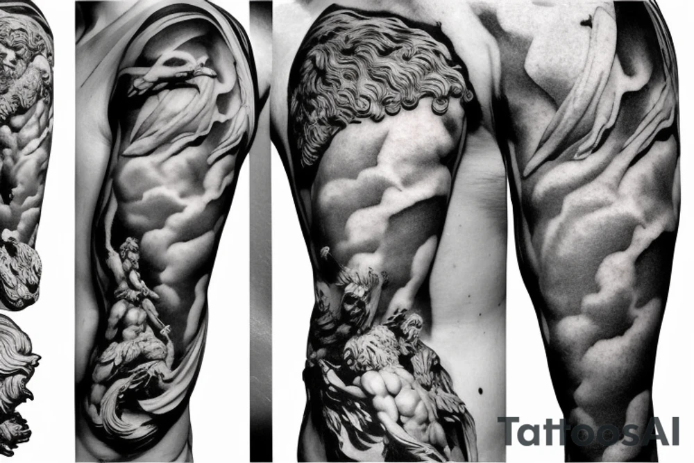 Apollo upper half, Zeus lower half, mythical, realistic, sculpture, epic tattoo idea